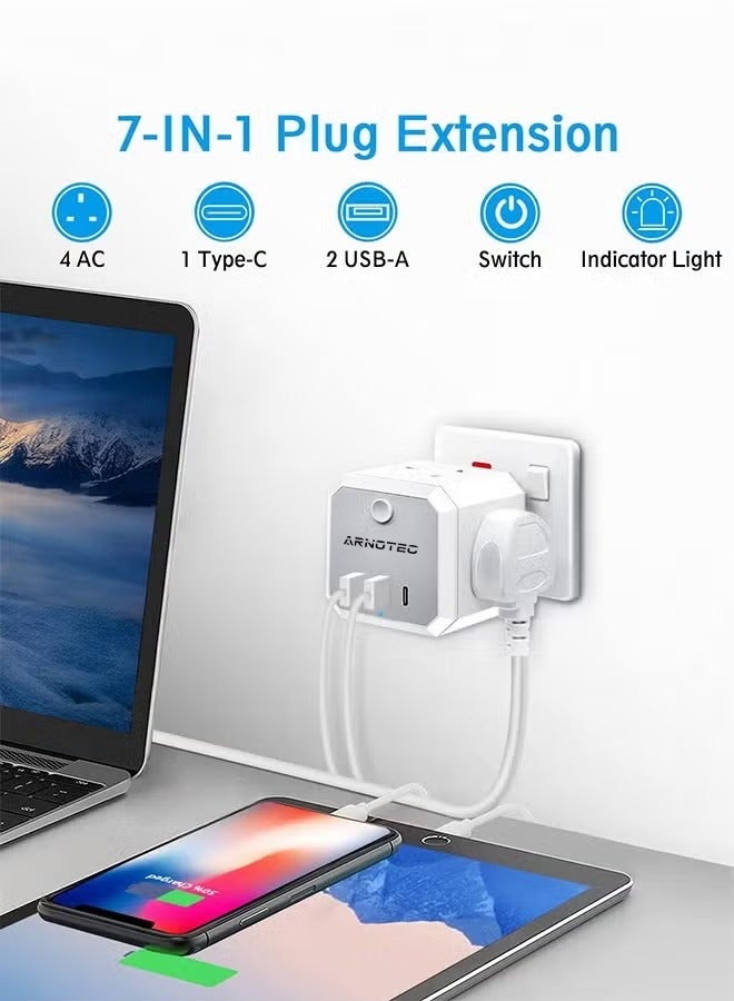 ARNOTEC مكعب توصيل متعدد 7 في 1 مع USB C - 4 مآخذ AC، 2 USB-A، 1 USB-C | 3250 واط منفذ شحن سريع | شحن USB ذكي | مفتاح طاقة وضوء ليلي | محول سفر مدمج للمنزل والمكتب (قابس بريطاني) - Image 2